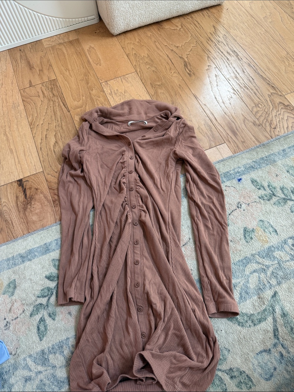 Abercrombie & Fitch Ribbed Button-Front Long-Sleeve Dress in Mauve Brown